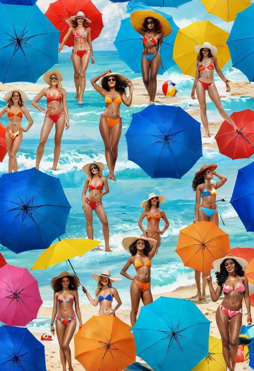 A vibrant beach scene showcasing diverse models in stylish, trendy swimwear, radiating confidence and fun in the summer sun. Include colorful beach umbrellas, sun hats, and accessories to enhance the beach vibe, along with splashes of sparkling waves. The background should feature a bright blue sky and sea, evoking a sense of relaxation and adventure. super-realistic. vibrant colors. summer vibes.